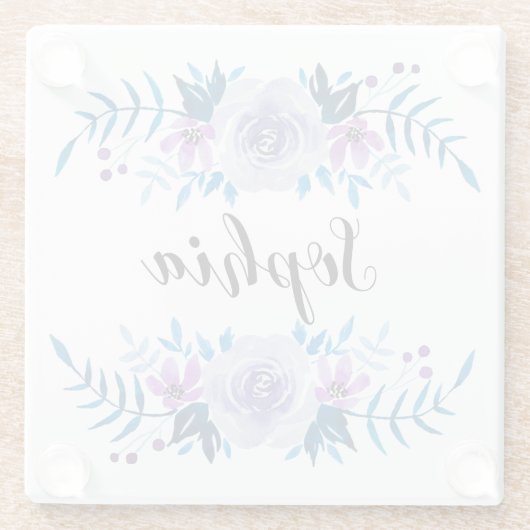 Waterverf Blauwe Paarse Floral - Aangepaste tekst Glazen Onderzetter (Achterkant)