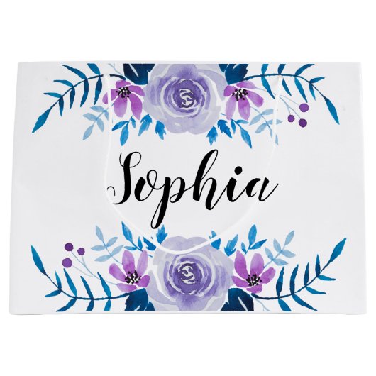 Waterverf Blauwe Paarse Floral - Aangepaste tekst Groot Cadeauzakje (Voorkant)