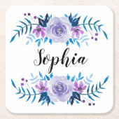 Waterverf Blauwe Paarse Floral - Aangepaste tekst Kartonnen Onderzetters (Voorkant)