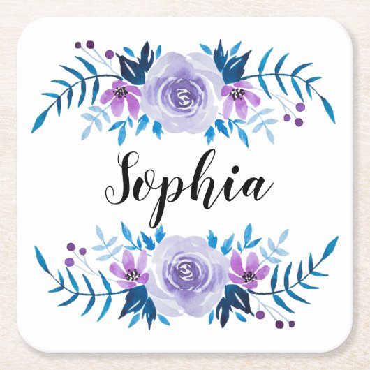 Waterverf Blauwe Paarse Floral - Aangepaste tekst Kartonnen Onderzetters (Voorkant)