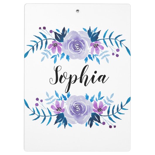 Waterverf Blauwe Paarse Floral - Aangepaste tekst Klembord (Achterkant)