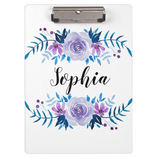 Waterverf Blauwe Paarse Floral - Aangepaste tekst Klembord (Voorkant)