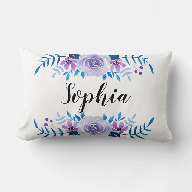 Waterverf Blauwe Paarse Floral - Aangepaste tekst Kussen (Voorkant)