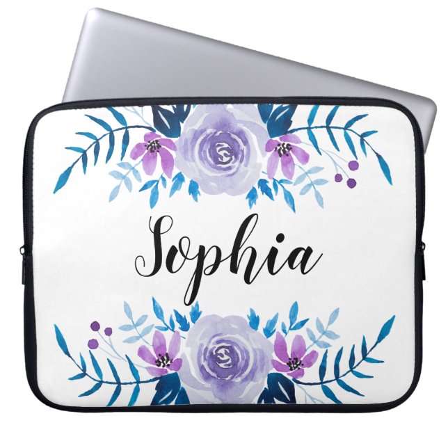 Waterverf Blauwe Paarse Floral - Aangepaste tekst Laptop Sleeve (Voorkant)
