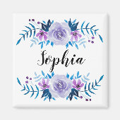 Waterverf Blauwe Paarse Floral - Aangepaste tekst Magneet (Voorkant)