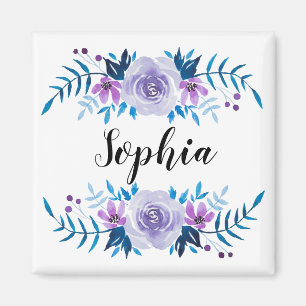 Waterverf Blauwe Paarse Floral - Aangepaste tekst Magneet
