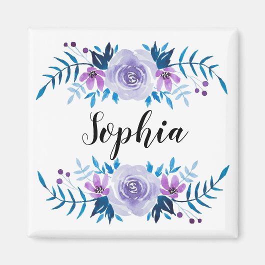 Waterverf Blauwe Paarse Floral - Aangepaste tekst Magneet (Voorkant)