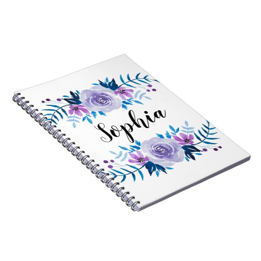 Waterverf Blauwe Paarse Floral - Aangepaste tekst Notitieboek (Rechterzijde)