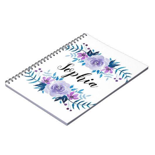 Waterverf Blauwe Paarse Floral - Aangepaste tekst Notitieboek (Linkerzijde)