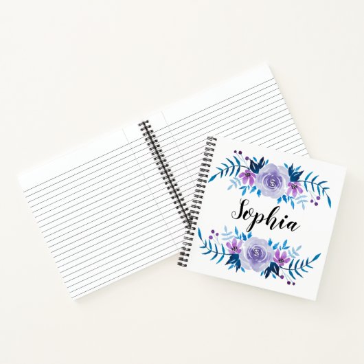 Waterverf Blauwe Paarse Floral - Aangepaste tekst Notitieboek (Binnen)