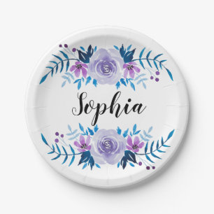 Waterverf Blauwe Paarse Floral - Aangepaste tekst Papieren Bordje