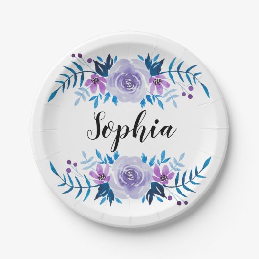 Waterverf Blauwe Paarse Floral - Aangepaste tekst Papieren Bordje (Voorkant)