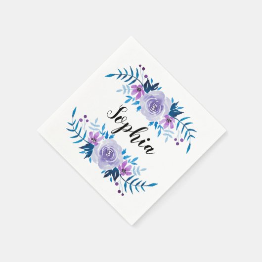 Waterverf Blauwe Paarse Floral - Aangepaste tekst Servetten (Hoek)