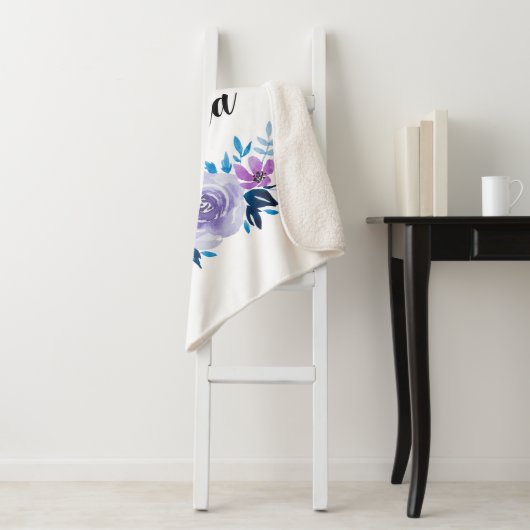 Waterverf Blauwe Paarse Floral - Aangepaste tekst Sherpa Deken (In situ)