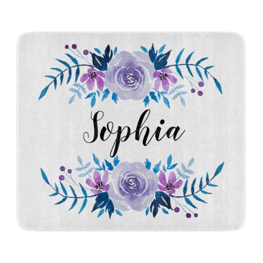 Waterverf Blauwe Paarse Floral - Aangepaste tekst Snijplank (Voorkant)