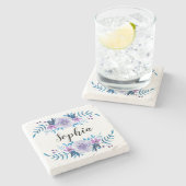 Waterverf Blauwe Paarse Floral - Aangepaste tekst Stenen Onderzetter (Zijkant)