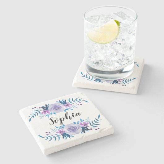Waterverf Blauwe Paarse Floral - Aangepaste tekst Stenen Onderzetter (Zijkant)