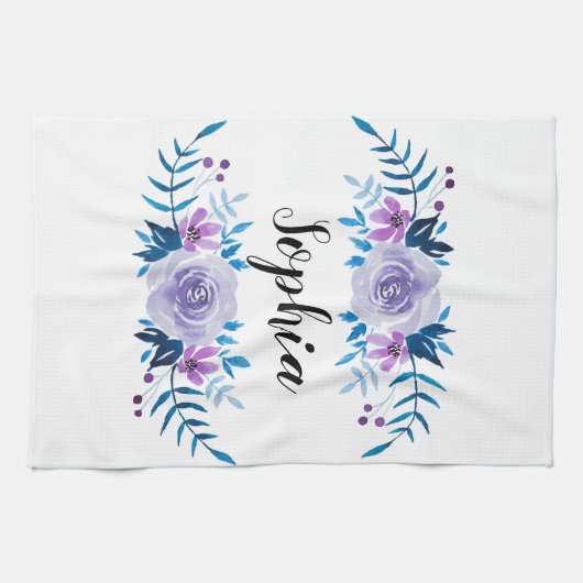 Waterverf Blauwe Paarse Floral - Aangepaste tekst Theedoek (Horizontaal)