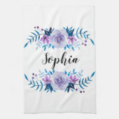 Waterverf Blauwe Paarse Floral - Aangepaste tekst Theedoek (Verticaal)