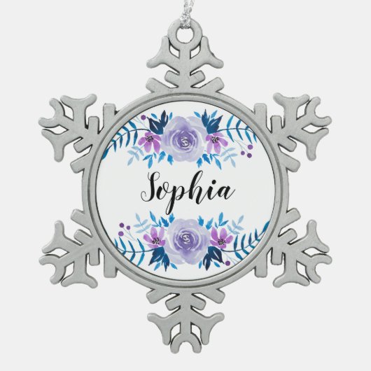 Waterverf Blauwe Paarse Floral - Aangepaste tekst Tin Sneeuwvlok Ornament (Voorkant)