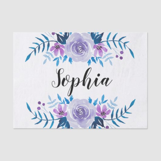 Waterverf Blauwe Paarse Floral - Aangepaste tekst Tissuepapier (Voorkant)