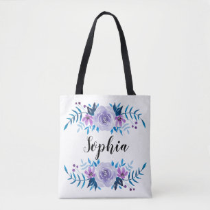Waterverf Blauwe Paarse Floral - Aangepaste tekst Tote Bag