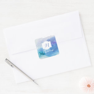  Waterverf Blauwe Paarse Monogram Naam Vierkante Sticker