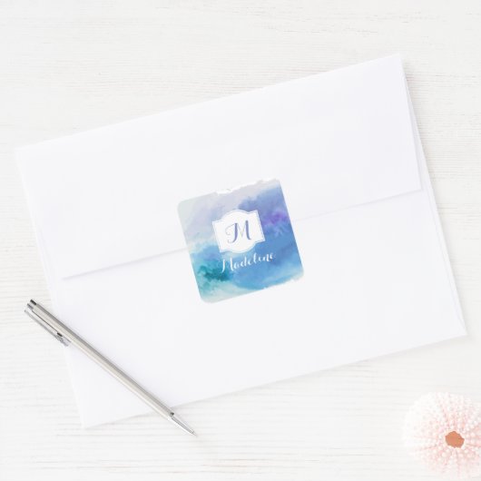  Waterverf Blauwe Paarse Monogram Naam Vierkante Sticker (Envelop)