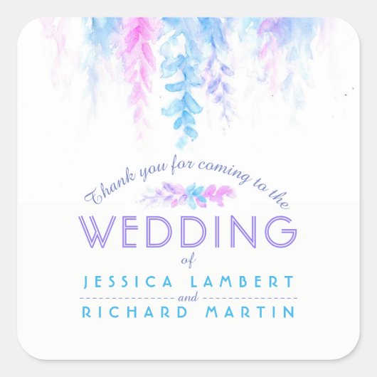 Waterverf blauwe paarse trouwstickers vierkante sticker (Voorkant)