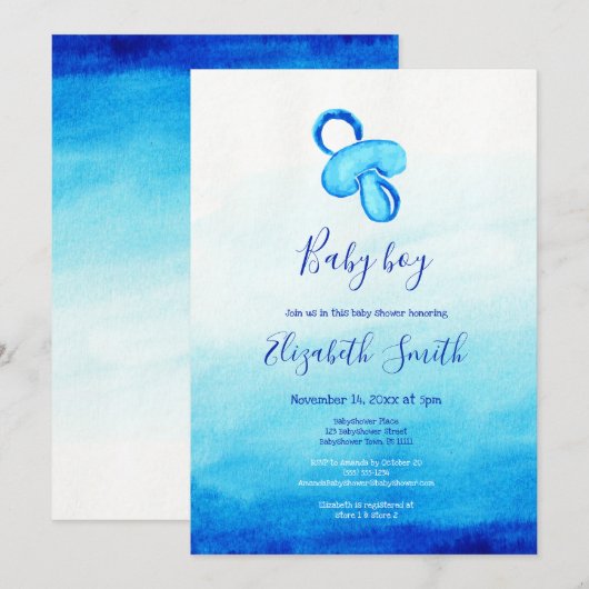 Waterverf blauwe pacifier babydouche kaart (Voorkant / Achterkant)