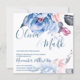 Waterverf Blauwe peach Floral Script Weddenschap b Kaart