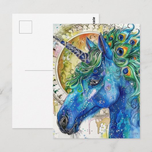 Waterverf Blauwe Peacock Eenhoorn Briefkaart (Voorkant / Achterkant)