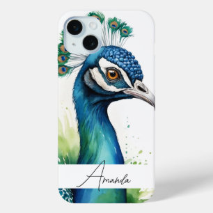 Waterverf Blauwe Peacock Gezichtsnaam iPhone 15 Mini Hoesje