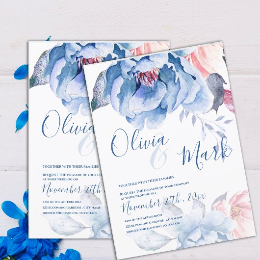 Waterverf Blauwe Perzik Bloemen Schattige Script W Kaart