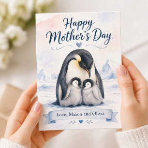 Waterverf Blauwe Pinguïn Moederdag met Twee Kinder Kaart