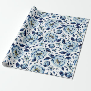 Waterverf Blauwe Pioen Bloempatroon Cadeaupapier