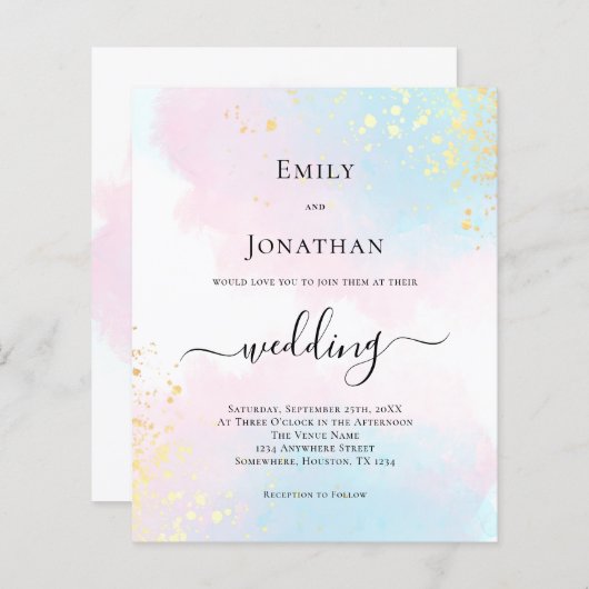 Waterverf blauwe roze bruiloft uitnodiging (Voorkant / Achterkant)