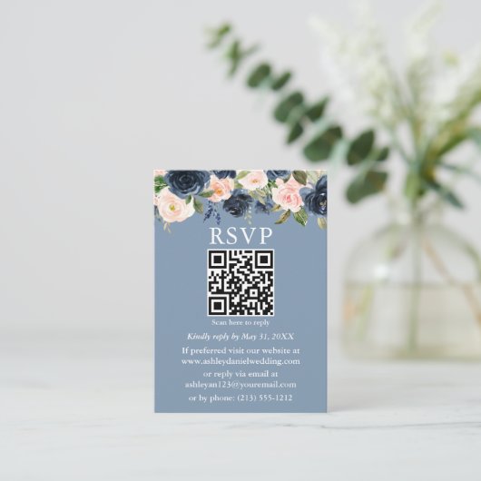 Waterverf Blauwe Roze Floral QR RSVP Informatiekaartje (Staand voorkant)