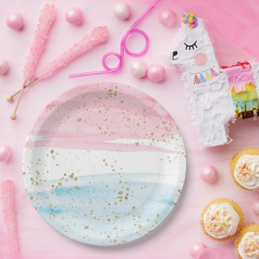 Waterverf Blauwe Roze Genderpartij Papieren Bordje (Feest)