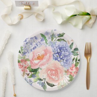 Waterverf Blauwe Roze Hortensia Pioen Lente Bloeme Papieren Bordje
