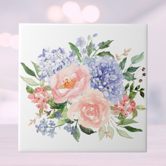 Waterverf Blauwe Roze Hortensia Pioen Lente Bloeme Tegeltje