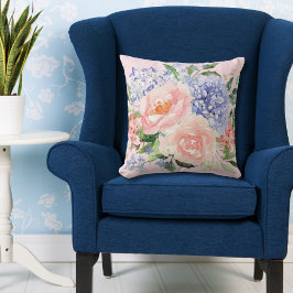 Waterverf Blauwe Roze Hortensia Pioen Lente Bloems Kussen