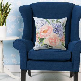 Waterverf Blauwe Roze Hortensia Pioen Lente Bloems Kussen