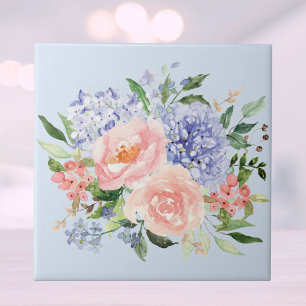 Waterverf Blauwe Roze Hortensia Pioen Lente Bloems Tegeltje
