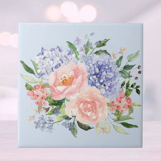 Waterverf Blauwe Roze Hortensia Pioen Lente Bloems Tegeltje