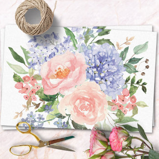 Waterverf Blauwe Roze Hortensia Pioen Lente Bloems Tissuepapier