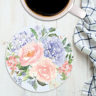 Waterverf Blauwe Roze Hydrangea Pioen Lente Bloems Zandsteen Onderzetter