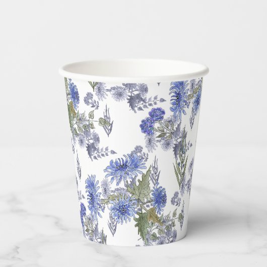 Waterverf blauwe rozen bloemen beveren witte napki papieren bekers (Achterkant)