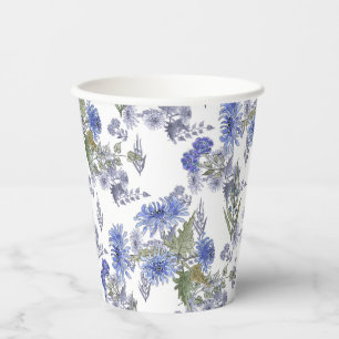 Waterverf blauwe rozen bloemen beveren witte napki papieren bekers