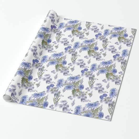 Waterverf blauwe rozen bloemen veren wit cadeaupapier (Uitgerold)